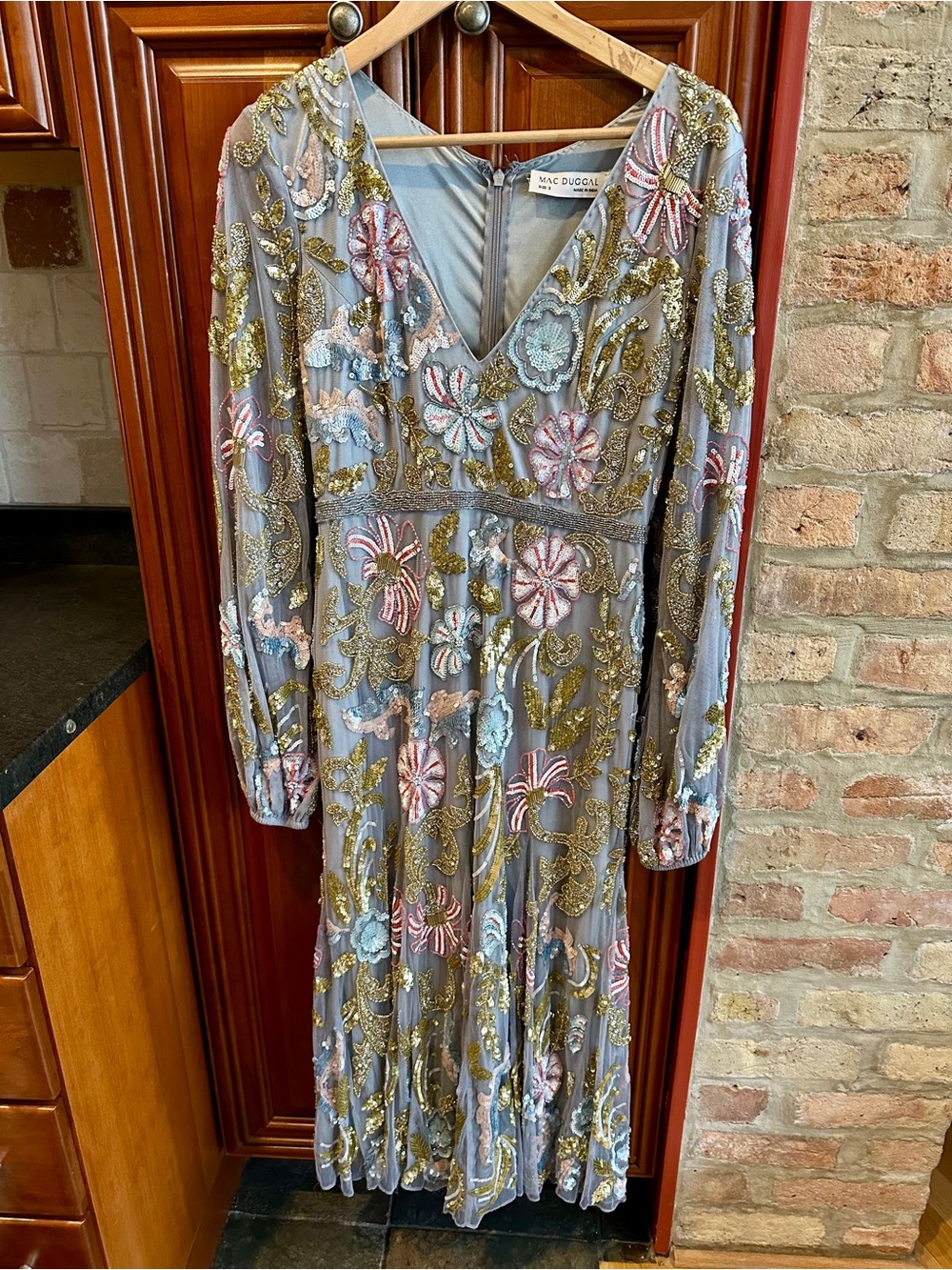 Mac Duggal Dusty Blue Embellished Floral Long Sleeve Midi Dress